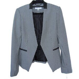 Calvin Klein Houndstooth Blazer Open Front Faux Leather Collar Sz 6P *SECONDS*